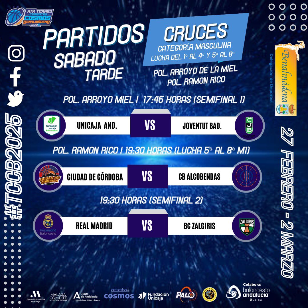 🔥 No respiramos… ¡porque la clasificación para la FINAL masculina está en juego!

Estos son los partidos que se van a disputar en esta tarde de sábado.

SEMIFINALES YA DECIDIDAS‼️

<a href="/unicajaCB/">UnicajaCB</a> 🆚 <a href="/Penya1930/">Club Joventut Badalona</a> 
<a href="/RMBaloncesto/">Real Madrid Basket</a> 🆚 <a href="/bczalgiris/">BC Zalgiris Kaunas</a> 

🔵🟠 #TCCB2025