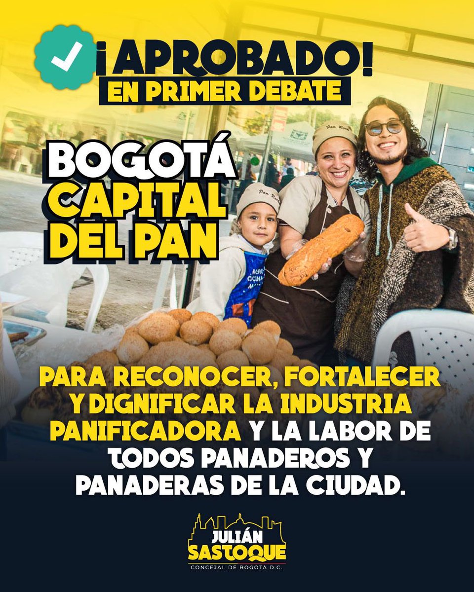 Julián Sastoque | Concejal de Bogotá (@eljulisastoque) on Twitter photo ¡Aprobado en primer debate! Avanza nuestro proyecto para beneficiar a los que hacen nuestro pan de cada día🥖🥐🥯
Desde el <a href="/concejodebogota/">Concejo de Bogotá</a> queremos darle una mano a los vecis de los barrios que están viendo afectada su economía. Felicidad absoluta 🫱🏻🫲🏼 Tercer proyecto este año ✅ ¡Aprobado en primer debate! Avanza nuestro proyecto para beneficiar a los que hacen nuestro pan de cada día🥖🥐🥯
Desde el <a href="/concejodebogota/">Concejo de Bogotá</a> queremos darle una mano a los vecis de los barrios que están viendo afectada su economía. Felicidad absoluta 🫱🏻🫲🏼 Tercer proyecto este año ✅