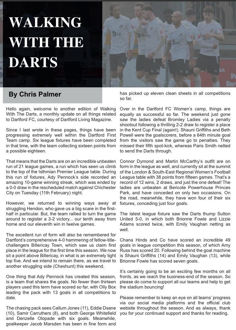 Find the latest monthly update on all things related to Dartford Football club on page 45 of Dartford Living this month.

buff.ly/3QEc9dO