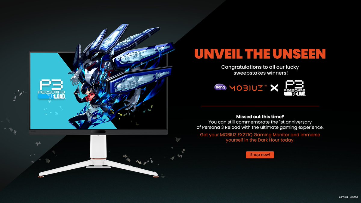 🎊 The Persona 3 Reload Anniversary Sweepstakes has ended!
A huge THANK YOU to everyone who entered! Congratulations to our lucky winners! You’ve unlocked the ultimate gaming monitor with #MOBIUZ! 🎮

Didn’t win? You can still upgrade your experience with a MOBIUZ monitor and