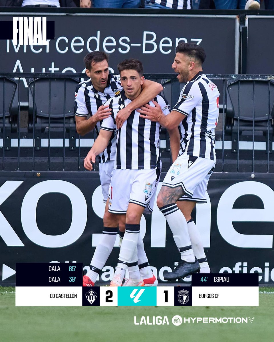 FINAL #CastellónBurgosCF 2-1

✅ ¡Dos goles de Cala dan la victoria al <a href="/CDCastellon/">CD Castellón</a>!

#LALIGAHYPERMOTION