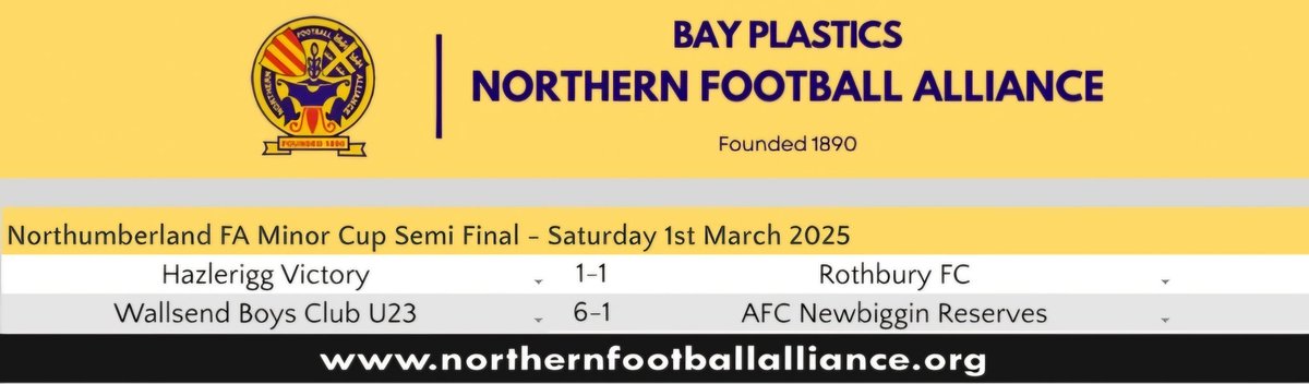 Today's Cup Results are attached 👇

Congratulations to Hazlerigg Victory &amp; Wallsend Boys Club U23’s who will contest the <a href="/NorthumFA/">Northumberland FA</a> Minor Cup Final