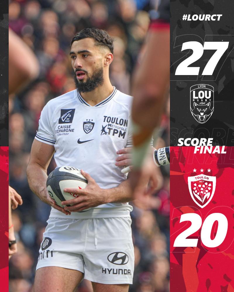 [⏱80'] 27-20
𝗙𝗜𝗡 𝗗𝗨 𝗠𝗔𝗧𝗖𝗛 ❌

Malgré une réaction de nos 🔴&amp;⚫ en seconde période, Toulon s'incline 27 à 20 face à Lyon

#ParceQueToulon #LOURCT