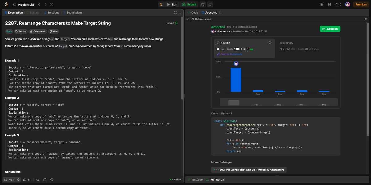 adityaverm_a's tweet image. Day 84 of #100DaysOfLeetCode
Problems:
- Maximum Number of Balloons
- Minimum Rounds to Complete All Tasks
- Rearrange Characters to Make Target String
- Minimum Number of Operations to Make Array Empty
#100DaysOfCode