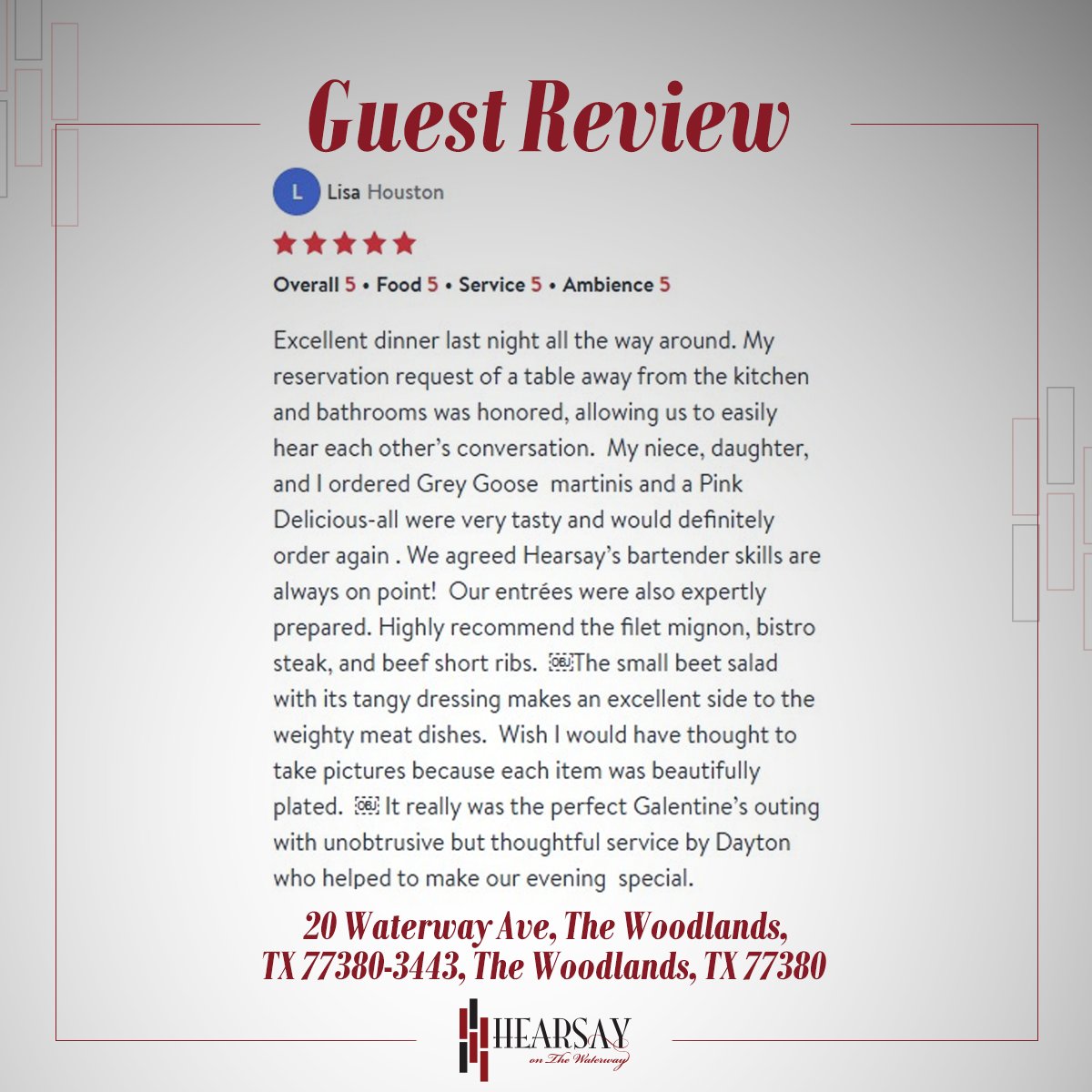 From expertly crafted cocktails to perfectly plated entrées, we're thrilled to hear that Hearsay on the Waterway made your evening special.

📍 Visit Us at:
20 Waterway Ave, The Woodlands, TX 77380
Reservation: opentable.com/r/hearsay-on-t…

#GuestReview #HearsayOnTheWaterway #Dining