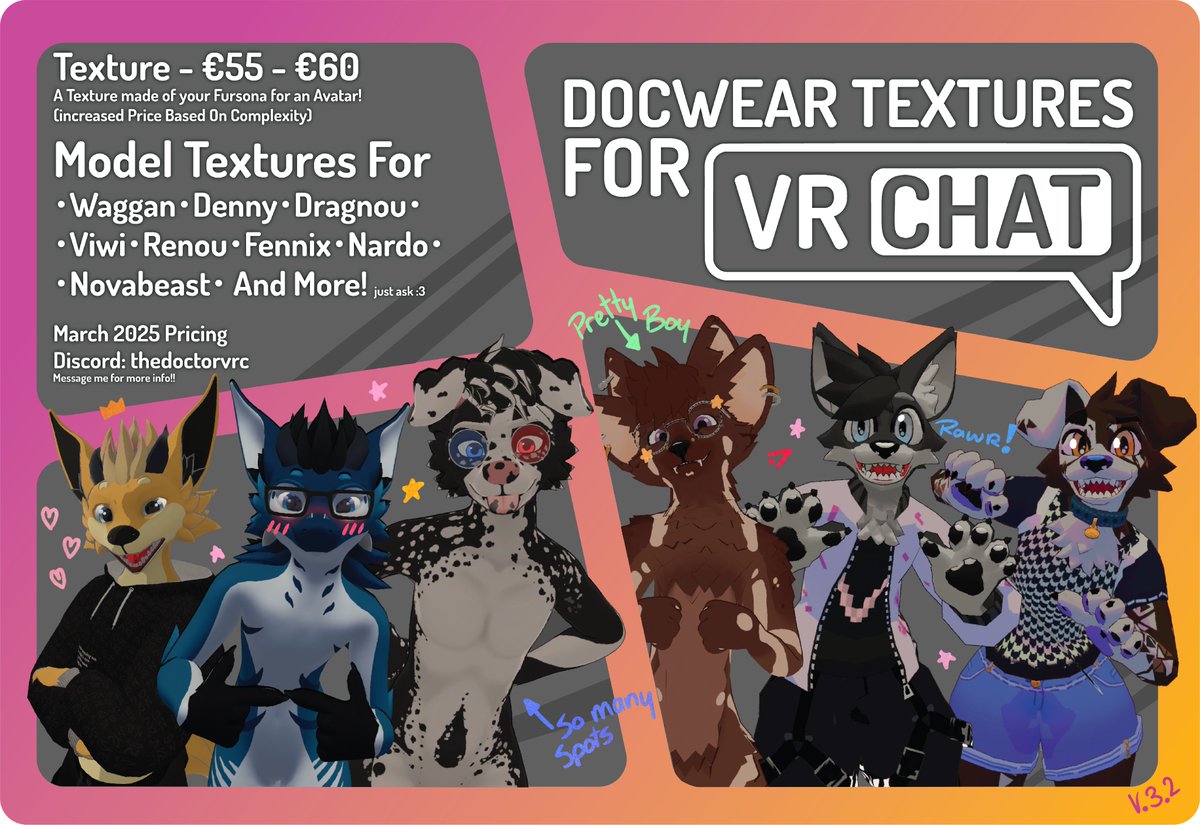 COMMISSIONS OPEN FOR MARCH !!!! &lt;3
Opening limited slots for docwear textures!!
clothing  textures always available!!