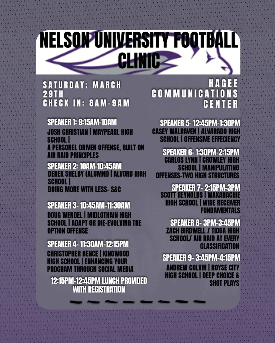 NELSON Football (@nelsonufootball) on Twitter photo 1ST Nelson University Football Clinic:
-Saturday, March 29th: Check in 8AM-9AM
-1200 Sycamore St. Waxahachie, TX
-Hagee Communications Center Building
 -$25 Per Coach      
-$100 for entire staff    
 
Register Today ⬇️
forms.gle/ejiFP7uhKU7U8n… 1ST Nelson University Football Clinic:
-Saturday, March 29th: Check in 8AM-9AM
-1200 Sycamore St. Waxahachie, TX
-Hagee Communications Center Building
 -$25 Per Coach      
-$100 for entire staff    
 
Register Today ⬇️
forms.gle/ejiFP7uhKU7U8n…