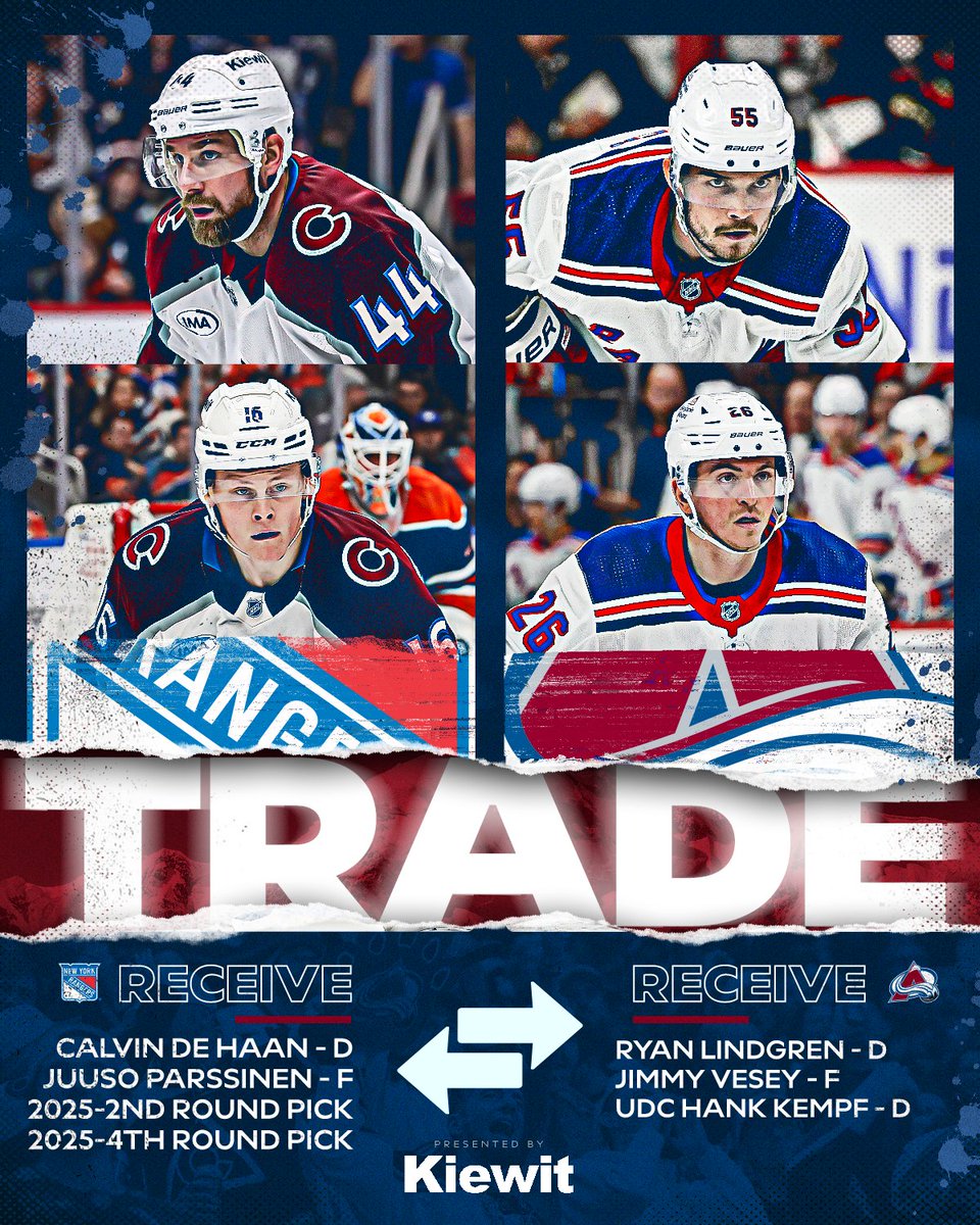 Avalanche's tweet photo. We have acquired Ryan Lindgren and Jimmy Vesey from the New York Rangers in exchange for Calvin de Haan and Juuso Parssinen. https://t.co/BvsjJdxRbU