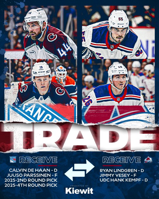 Trade New York Rangers Receive Calvine de Haan Juuso Parssinen 2025- 2nd round pick 2025- 4th round pick Colorado Avalanche receive Ryan Lindgren Jimmy Vesey UDC Hank Kempf