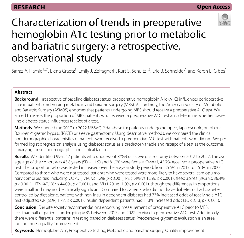 Safraz Hamid (@hamidsafraz) on Twitter photo Despite <a href="/ASMBS/">ASMBS</a> endorsement of preop A1C measurement prior to MBS, less than half of patients in the 2017-2022 <a href="/mbsaqip/">MBSAQIP</a> had an A1C recorded...certainly an area for quality improvement <a href="/KEGibbsMD/">Karen E. Gibbs, MD</a> <a href="/BPTHOSP/">Bridgeport Hospital</a>
…tivemedicinejournal.biomedcentral.com/articles/10.11… Despite <a href="/ASMBS/">ASMBS</a> endorsement of preop A1C measurement prior to MBS, less than half of patients in the 2017-2022 <a href="/mbsaqip/">MBSAQIP</a> had an A1C recorded...certainly an area for quality improvement <a href="/KEGibbsMD/">Karen E. Gibbs, MD</a> <a href="/BPTHOSP/">Bridgeport Hospital</a>
…tivemedicinejournal.biomedcentral.com/articles/10.11…