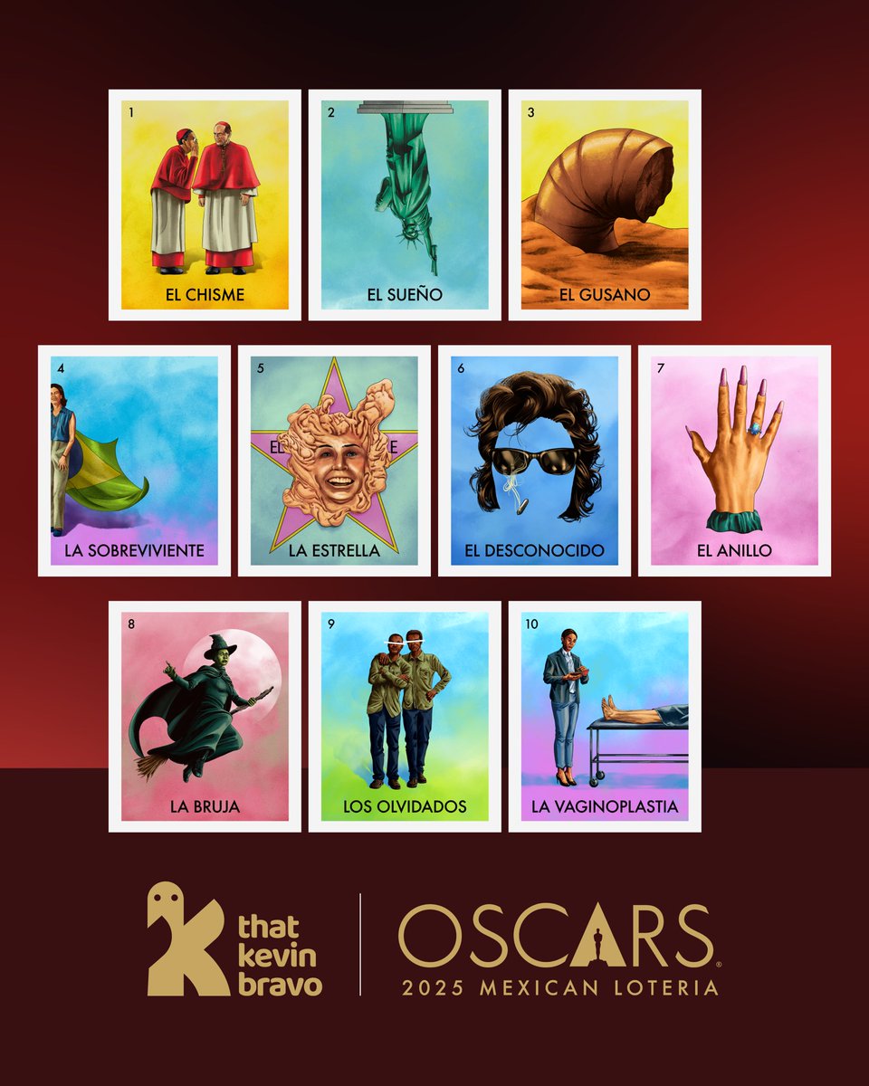 Here’s my complete illustration series for this year's Academy Awards, based on Mexican Loteria cards.

#Oscars #Oscars2025 #movies