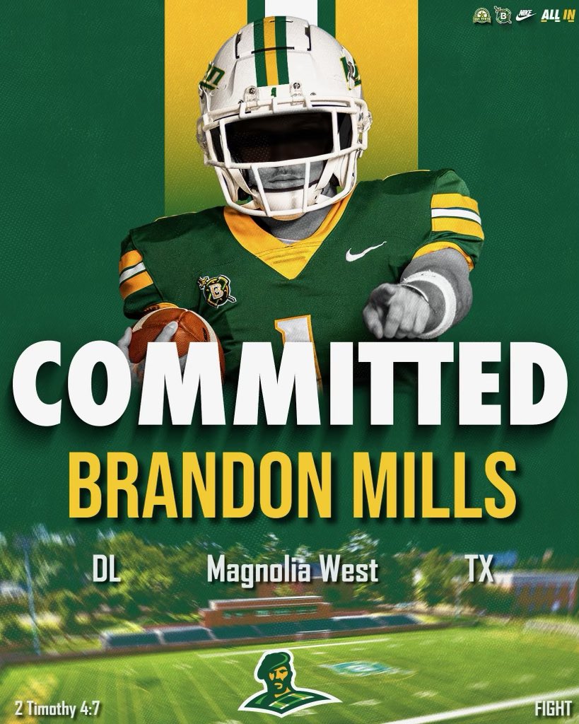 Brandon Mills (@brandonmills_99) on Twitter photo I’m proud to announce that I have decided to commit to the university of belhaven!!! I would like to thank God, my family, and coaches for everything they have done for me to get to where i am today!!! #Committed
<a href="/CoachTySharkNix/">Ty Nix</a> <a href="/MagWestFootball/">Mustang Football</a> <a href="/CoachColeBerry1/">Coach Cole Berry</a> <a href="/tswalker13/">Trent Walker</a> I’m proud to announce that I have decided to commit to the university of belhaven!!! I would like to thank God, my family, and coaches for everything they have done for me to get to where i am today!!! #Committed
<a href="/CoachTySharkNix/">Ty Nix</a> <a href="/MagWestFootball/">Mustang Football</a> <a href="/CoachColeBerry1/">Coach Cole Berry</a> <a href="/tswalker13/">Trent Walker</a>