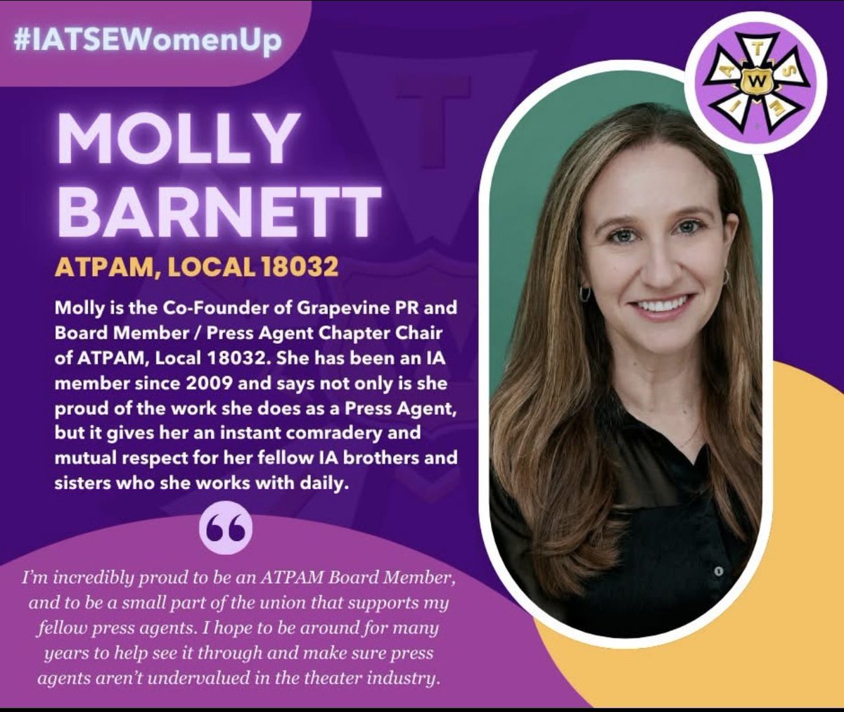 To kick off #WomensHistoryMonth we’re shining a light on Association of Theatrical Press Agents &amp; Managers - ATPAM Local 18032 Press Agent Chapter Chair, Molly Barnett. She is a proud small business owner, ATPAM Board Member and a champion of the labor movement. Molly, you rock!
