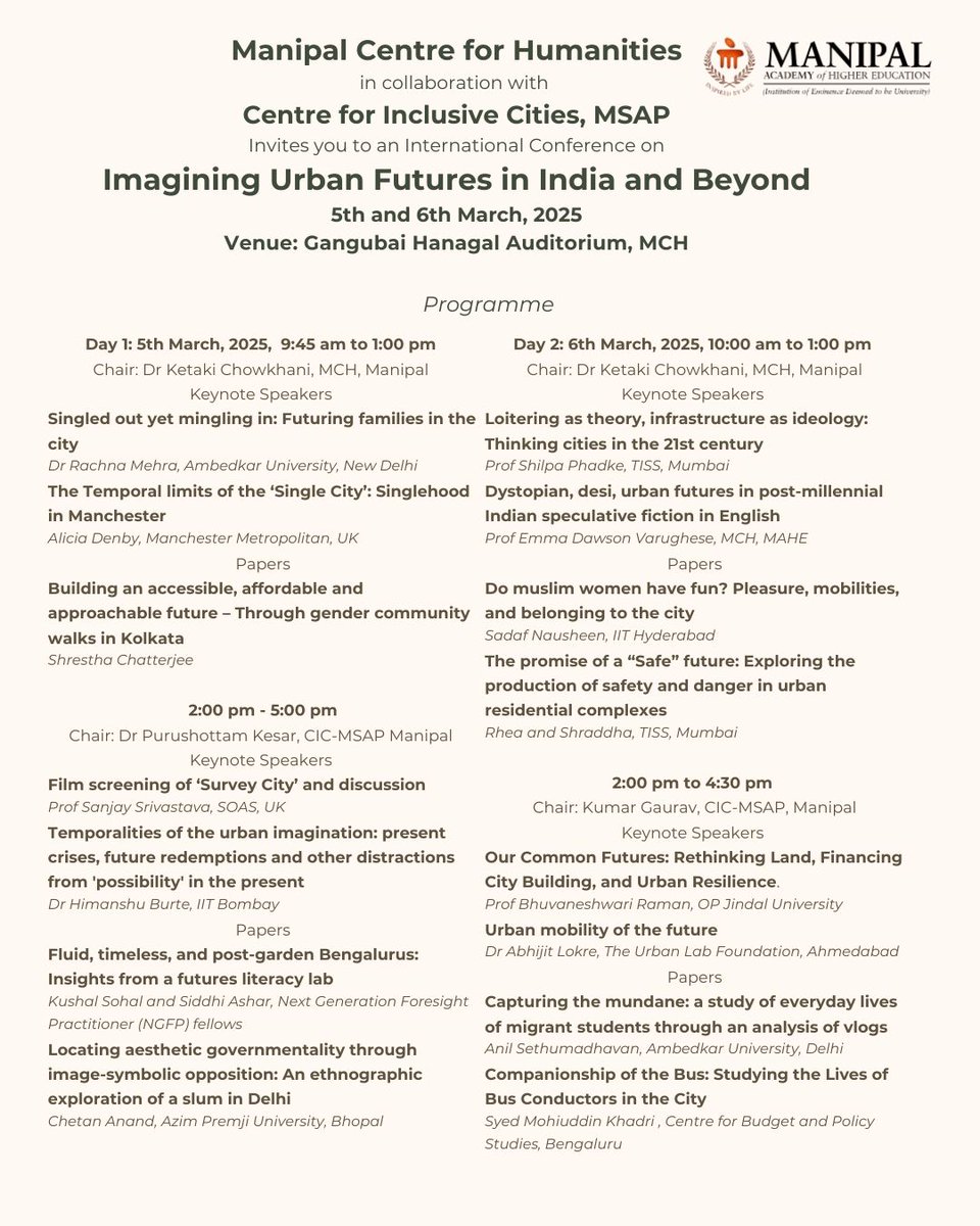 Those in Manipal, do attend this exciting conference on Urban Futures held on 5th and 6th March, 2025 at Manipal Centre for Humanities!