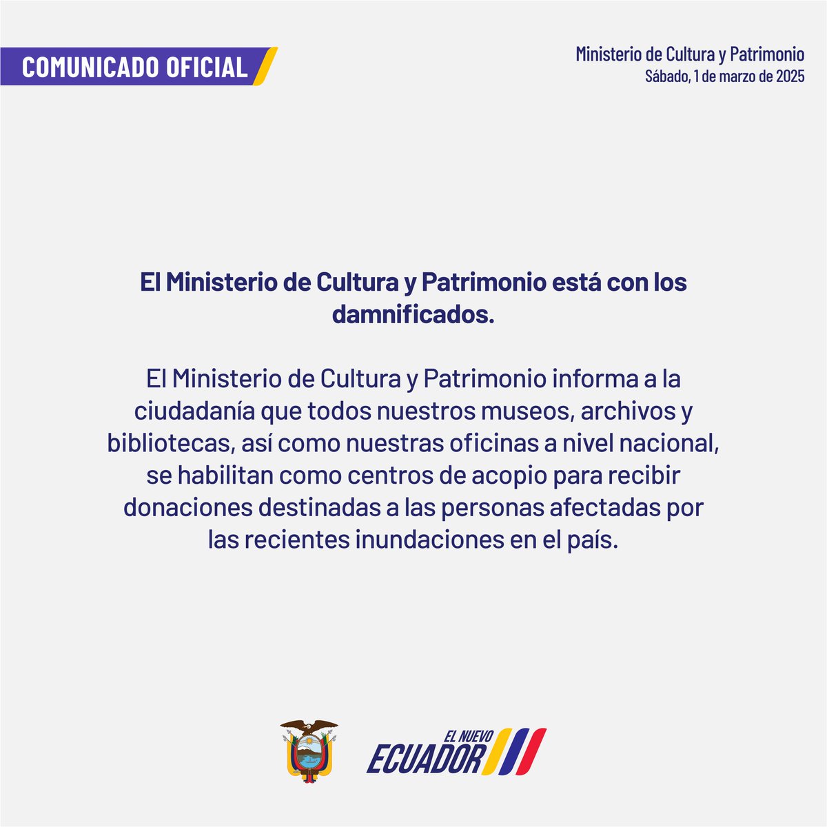 🚨 ¡Juntos, podemos hacer la diferencia!

¿Cómo ayudar? 

✨Donando alimentos no perecibles, agua embotellada, frazadas, ropa en buen estado y artículos de higiene personal, que serán distribuidos a las zonas más afectadas
<a href="/INPCEcuador/">INPC Ecuador</a> 
<a href="/Creatividad_Ec/">IFCI</a>