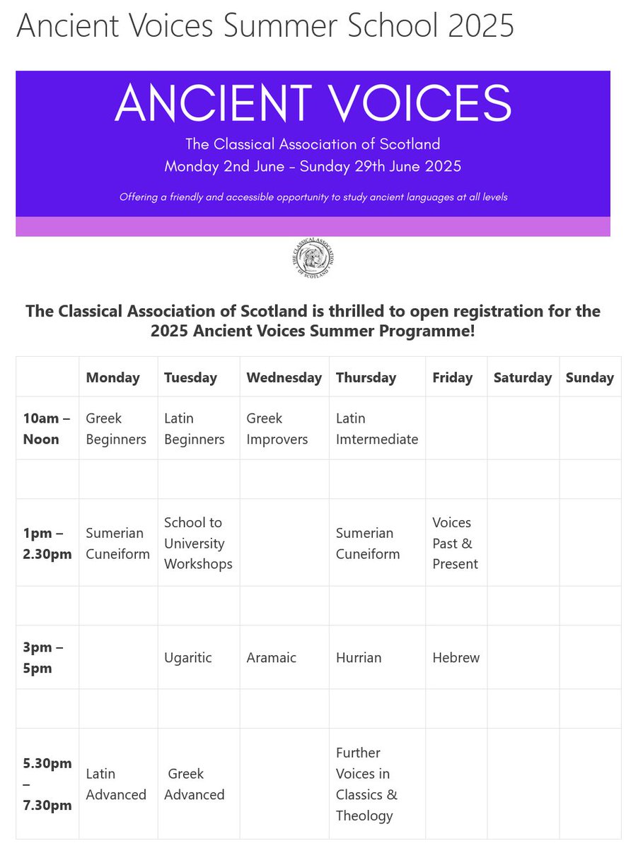 Classical Association of Scotland (@cascotia) on Twitter photo ANCIENT VOICES 2025 REGISTRATION OPEN!
We are thrilled to announce the opening of our AV2025 Summer programme. This is being timed to run slightly earlier, so as not to clash directly with the <a href="/Classical_Assoc/">The Classical Association</a> Conference in St Andrews.
Info here: shorturl.at/GJJvI ANCIENT VOICES 2025 REGISTRATION OPEN!
We are thrilled to announce the opening of our AV2025 Summer programme. This is being timed to run slightly earlier, so as not to clash directly with the <a href="/Classical_Assoc/">The Classical Association</a> Conference in St Andrews.
Info here: shorturl.at/GJJvI