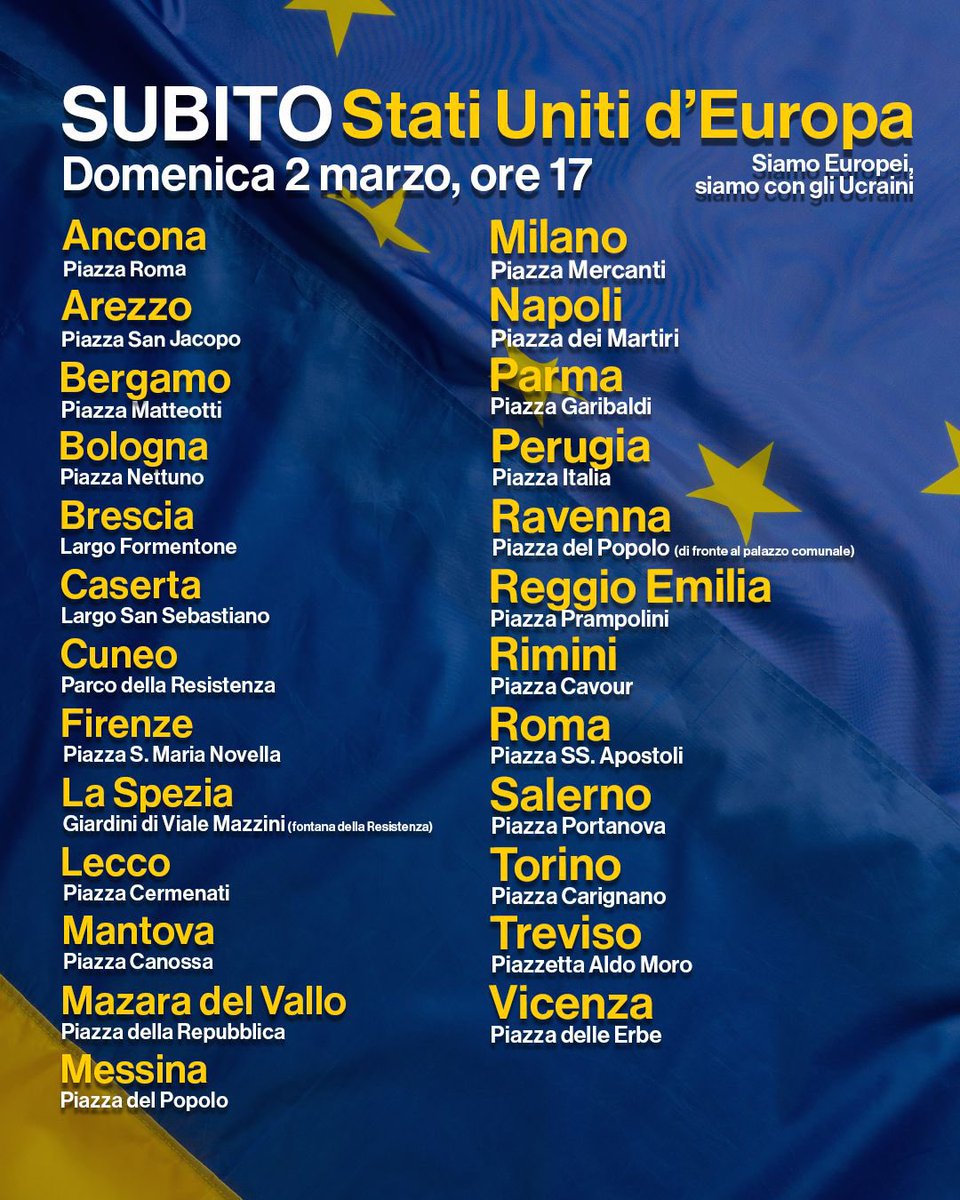 Ringrazio <a href="/pdnetwork/">Partito Democratico 🇮🇹 🇪🇺</a> , <a href="/Piu_Europa/">Più Europa</a> e comunità ucraina per aver aderito all’iniziativa di domani. Mobilitiamoci e facciamo circolare. 
Questi gli appuntamenti di domani alle ore 17.00. Per l’Europa e per l’Ucraina.