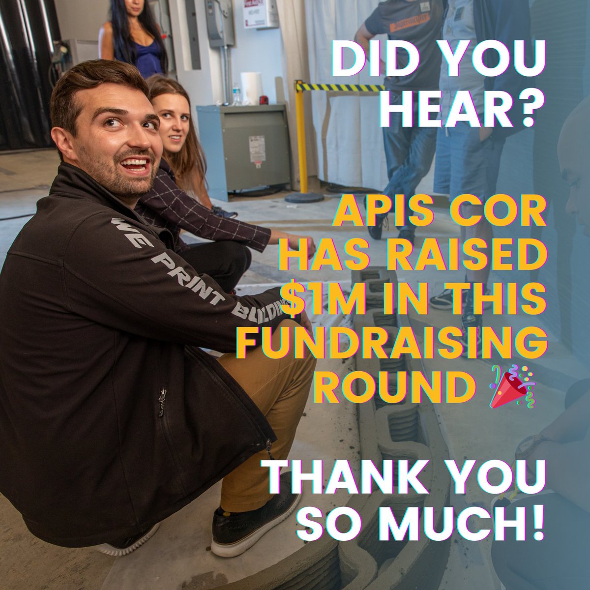 WE REACHED $1M  🎉 🎉 🎉  Thank you so much for your support!! 

Also, remember to RSVP for the technology fireside chat next Wednesday! It's with our teammates in this photo: Trevor and Anna. 

RSVP: hubs.la/Q038VcD20  

#3Dprinting #construction #constructioninnovation
