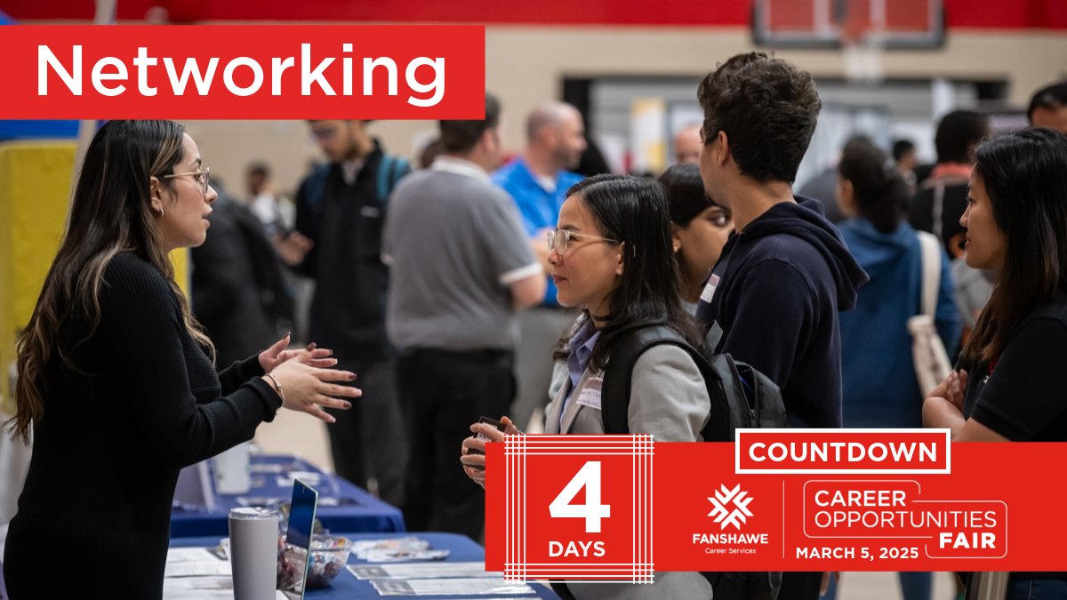 FanshaweCS's tweet image. 4 days until the Career Fair! Are you ready to network? Build meaningful connections with industry professionals. Watch our Networking workshop: ow.ly/4kr150UH3GF #FanshaweCS #FanshaweCOFair