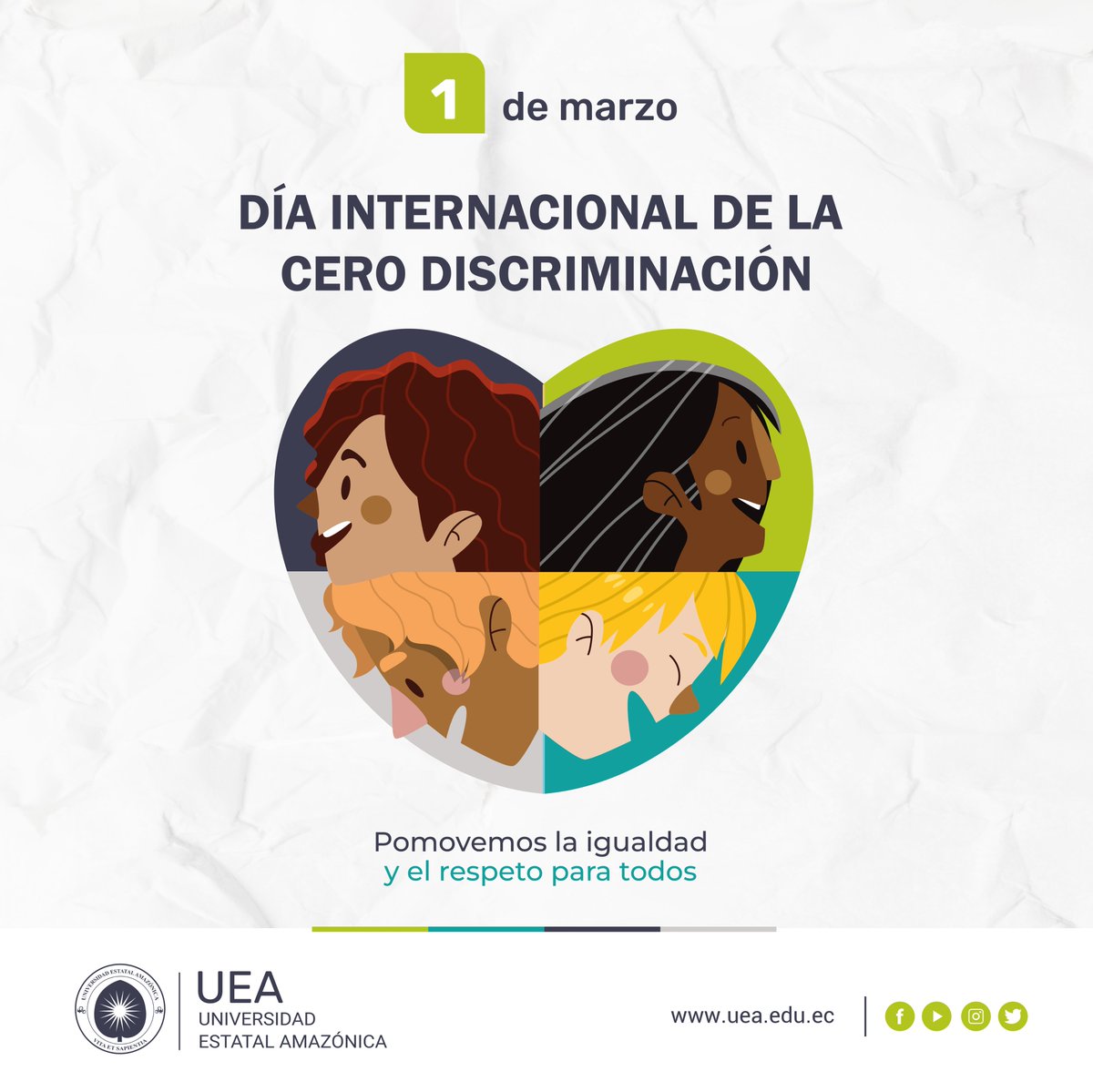 Hoy, 1 de marzo, conmemoramos el Día Internacional de la Cero Discriminación, promoviendo la igualdad, la diversidad y el respeto en todos los ámbitos de la sociedad. En la Universidad Estatal Amazónica, reafirmamos nuestro compromiso con la inclusión y los derechos humanos.