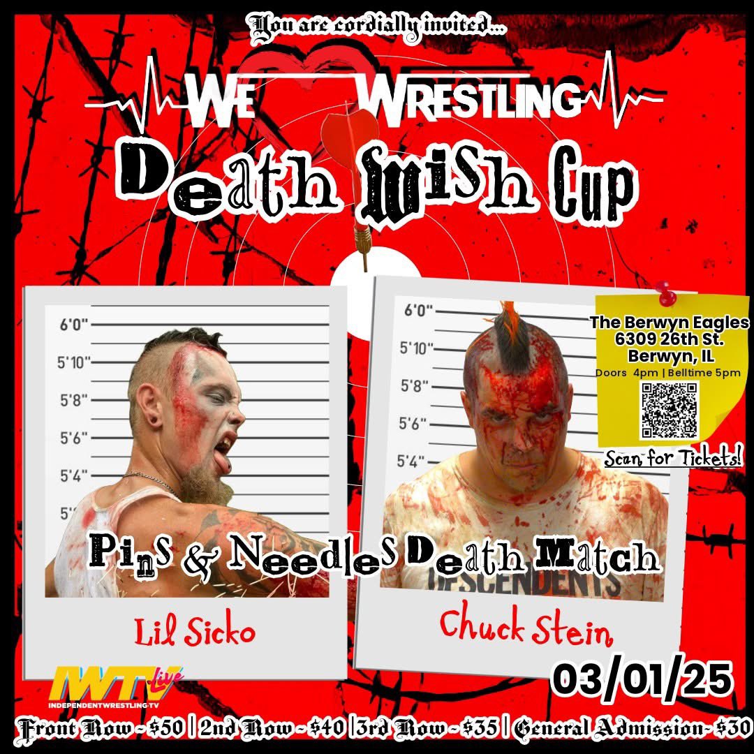 blklkp's tweet photo. .@vlovewrestling brings ALL of the CHI TOWN HEAT tonight for the first EVER #deathwishcup sponsored by @blvdbullies #LIVE here in #BerwynIL! 

#WireAndIceDeathmatch #UltraviolentBaptisim #DoorsOfDeath #PinsAndNeedlesDeathmatch #welov3wrestling #TournamentTested #ComingSoon https://t.co/sK5iixHM4K