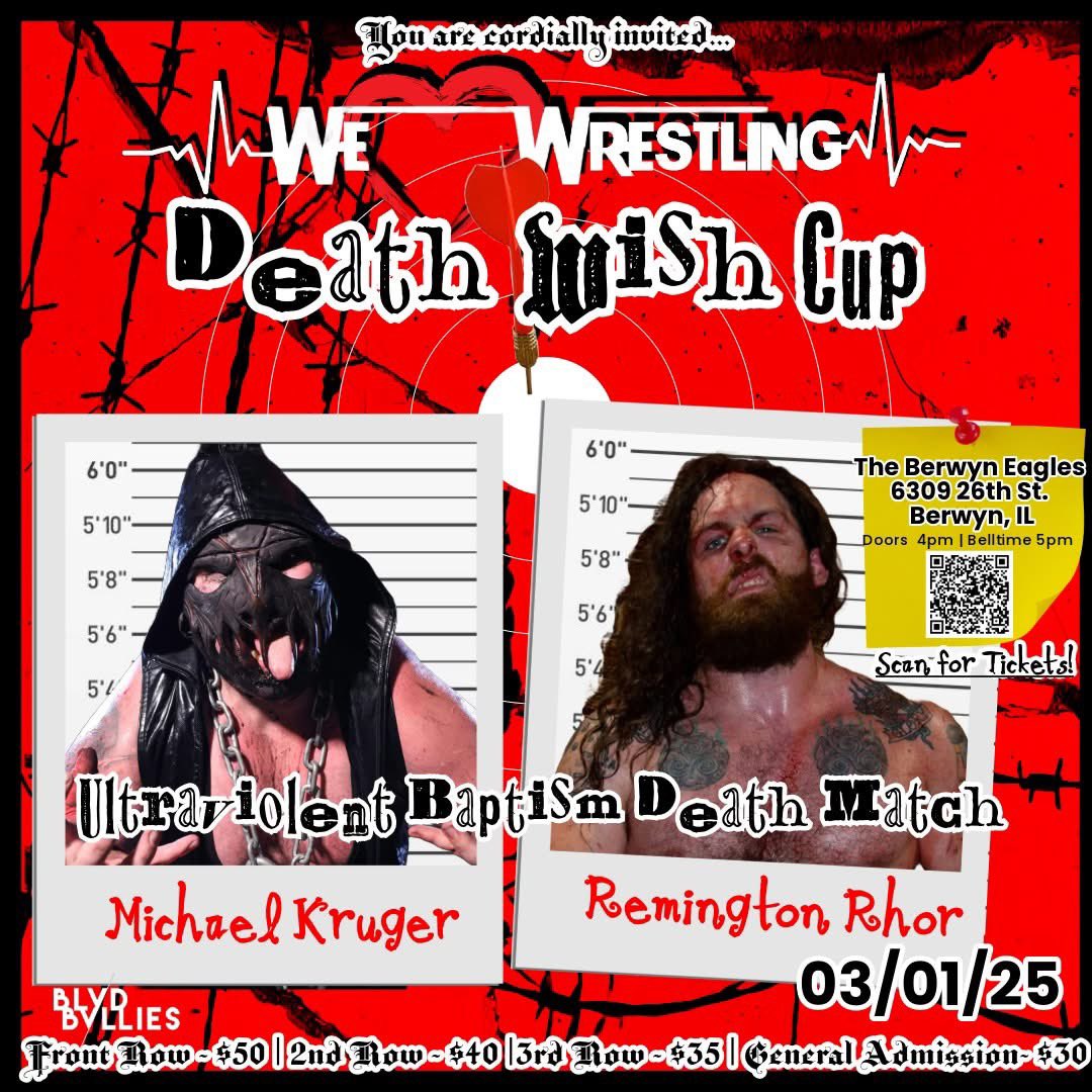 blklkp's tweet photo. .@vlovewrestling brings ALL of the CHI TOWN HEAT tonight for the first EVER #deathwishcup sponsored by @blvdbullies #LIVE here in #BerwynIL! 

#WireAndIceDeathmatch #UltraviolentBaptisim #DoorsOfDeath #PinsAndNeedlesDeathmatch #welov3wrestling #TournamentTested #ComingSoon https://t.co/sK5iixHM4K