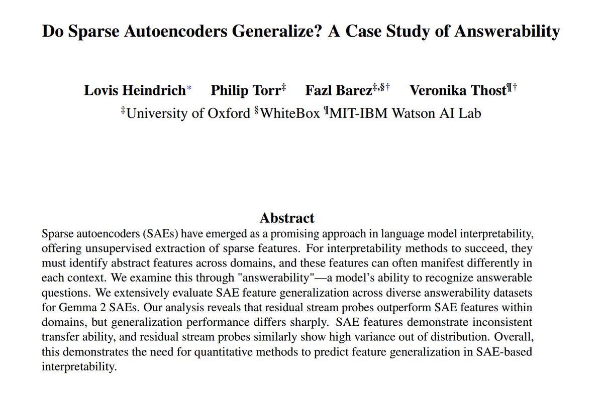New paper alert! 🚨

Important question: Do SAEs generalise? 
We explore the answerability detection in LLMs by comparing SAE features vs. linear residual stream probes. 

Answer: 
probes outperform SAE features in-domain, out-of-domain generalization varies sharply between