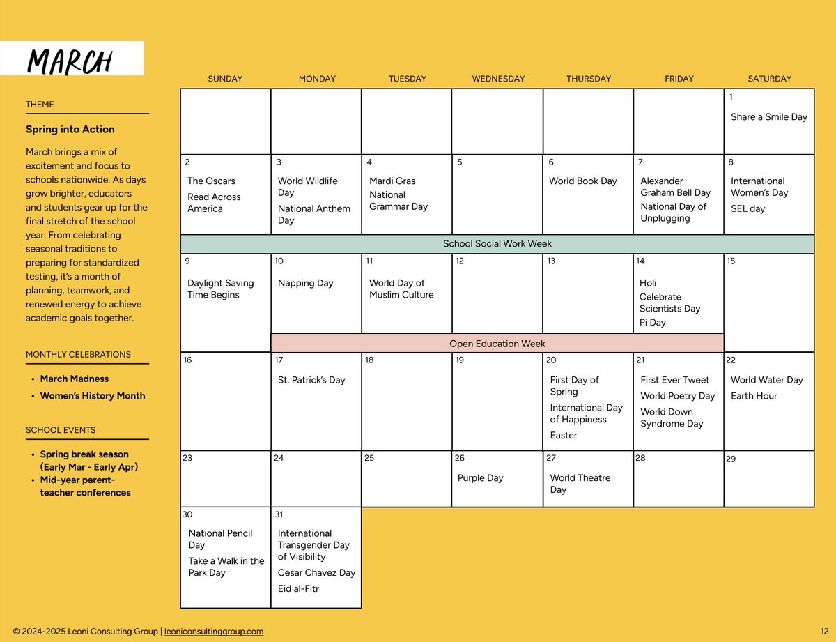 📅 March is here! Stay ahead with key dates like:

🌸 International Women’s Day
📚 World Book Day
🍀 St. Patrick’s Day
🕰 Daylight Saving Time Begins
🏀  March Madness

Plan smarter—download the full EdTech Marketer’s Planner before March 3: bit.ly/4110KJY
