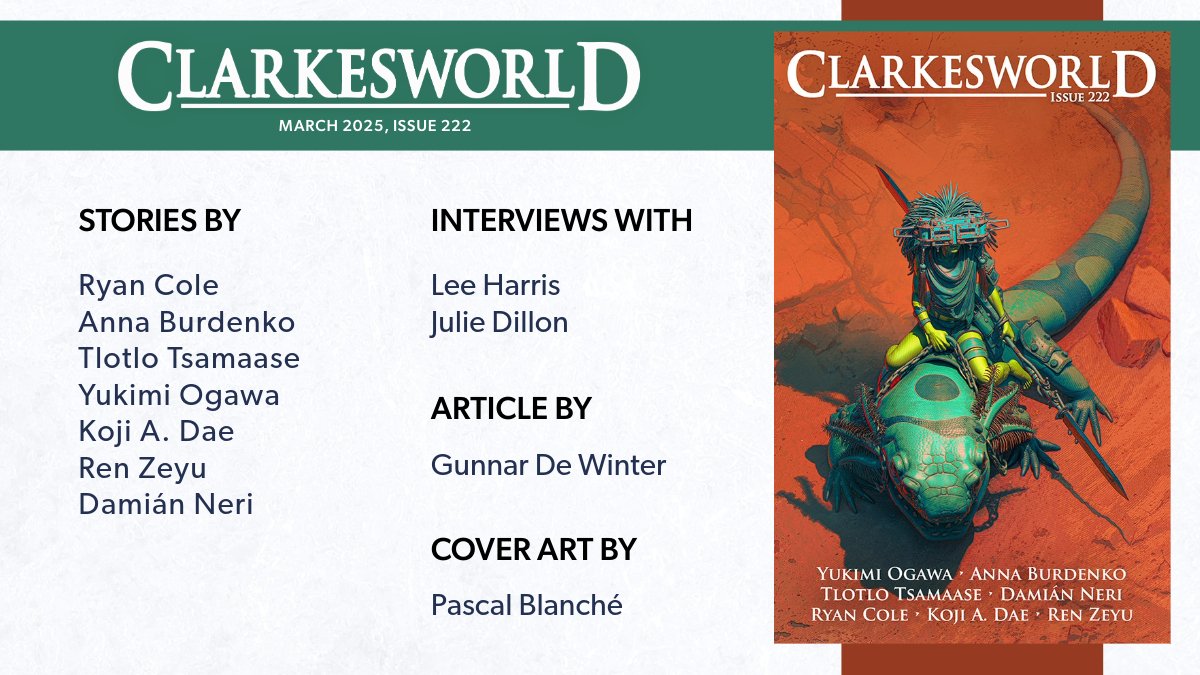 clarkesworld (@clarkesworld) on Twitter photo The March Issue of Clarkesworld features original stories by Ryan Cole, Anna Burdenko, Tlotlo Tsamaase, Yukimi Ogawa, Koji A. Dae, Ren Zeyu, and Damián Neri.
clarkesworldmagazine.com/issue_222
Subscribe at:
clarkesworldmagazine.com/subscribe/ The March Issue of Clarkesworld features original stories by Ryan Cole, Anna Burdenko, Tlotlo Tsamaase, Yukimi Ogawa, Koji A. Dae, Ren Zeyu, and Damián Neri.
clarkesworldmagazine.com/issue_222
Subscribe at:
clarkesworldmagazine.com/subscribe/