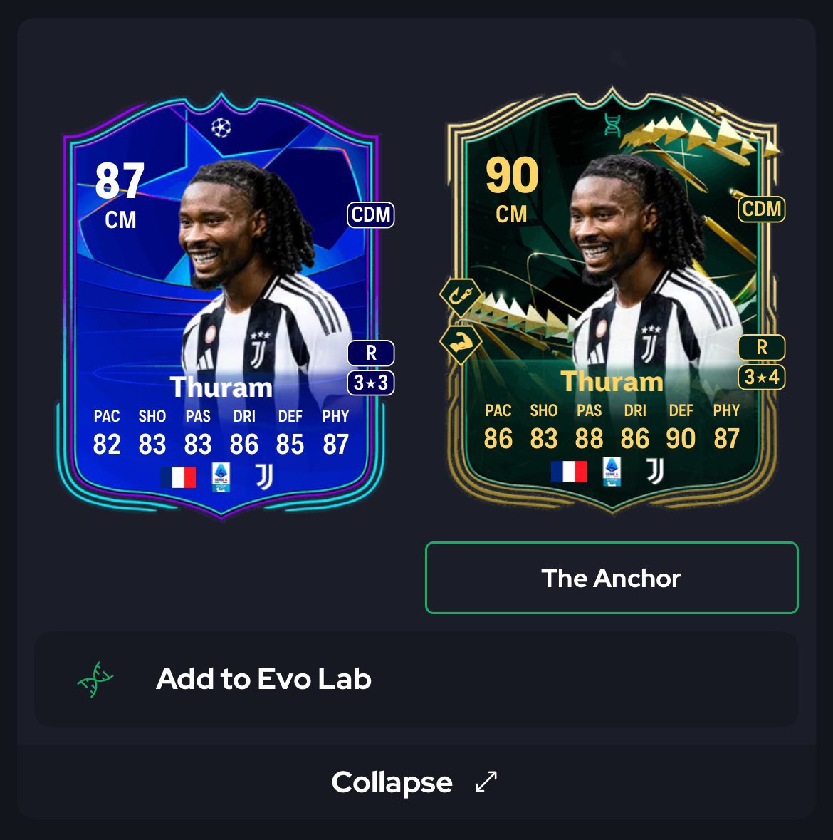 itisluda's tweet image. The new Anchor Evolution is very decent! Thuram is back and arguably as good as the Grassroots Kanté SBC. With 2 PlayStyle+ upgrades, he looks like an absolute beast in midfield. If you still have him untouched in your club, he’s the best option to complete for this evo.