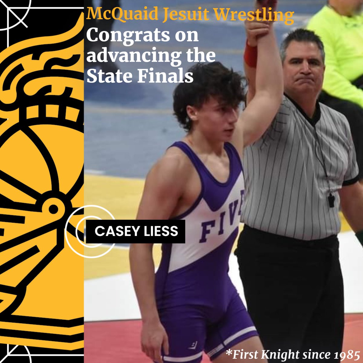 Congrats to junior Casey Liess who has advanced to the NYS Wrestling Final in the 170lb weight class in Albany. Casey is the first Knight to reach the finals since Mike Scott did in 1985. Way to go Casey, finish it off now! #AMDG @mcquaidjesuit @secvwrestling @primetimeball_