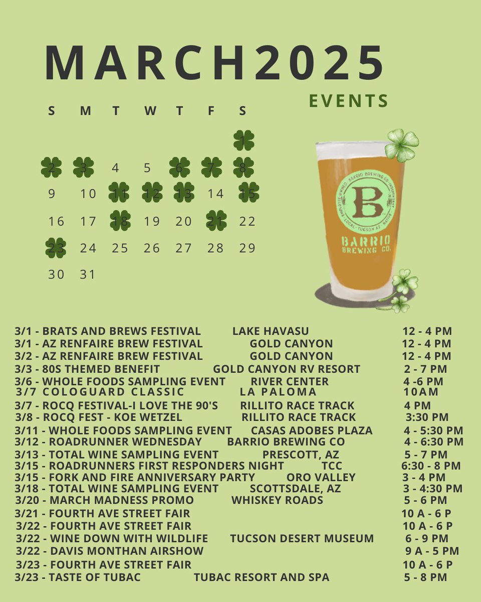 🍀 March is here, and so are the good times at Barrio Brewing! 🍻 Whether you're celebrating St. Patrick's Day, enjoying live music, or just sipping on your favorite brews, we've got a full lineup of events to keep the fun flowing all month long. 🎶✨
