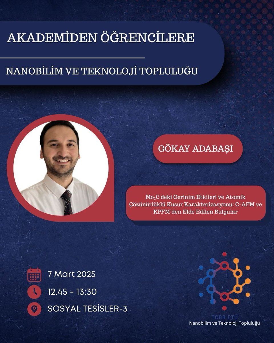 Gökay Adabaşı (@gokayadabasi) on Twitter photo Excited to give a seminar at TOBB ETÜ’s Materials Science and Nanotechnology Engineering Department!
I’ll be discussing atomic-scale defects and strain effects in Mo₂C using C-AFM & KPFM. <a href="/BaykaraLab/">Baykara Lab</a>
March 7, 2025 | 12:45 PM
#Nanotechnology #AFM Excited to give a seminar at TOBB ETÜ’s Materials Science and Nanotechnology Engineering Department!
I’ll be discussing atomic-scale defects and strain effects in Mo₂C using C-AFM & KPFM. <a href="/BaykaraLab/">Baykara Lab</a>
March 7, 2025 | 12:45 PM
#Nanotechnology #AFM