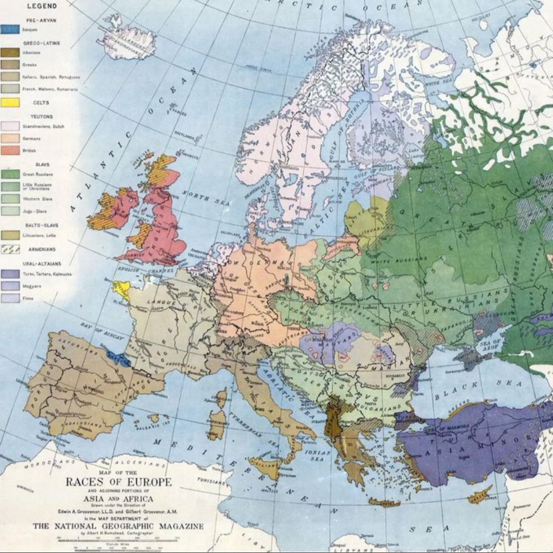 1919. urtean National Geographic-ek argitaratutako Europako mapa etnikoa...