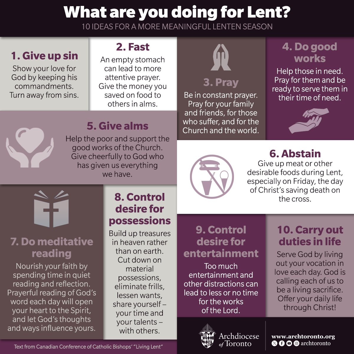 Lent begins on Ash Wednesday (March 5 in 2025). Here are 10 ideas for a more meaningful Lenten season. archtoronto.org/lent