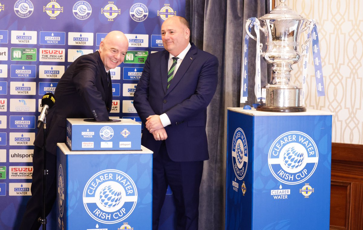 IrishFA's tweet photo. Great to have Gianni Infantino at today's @ClearerWater Irish Cup semi-final draw alongside President Conrad Kirkwood 🏆 https://t.co/Pb2NwYMV99