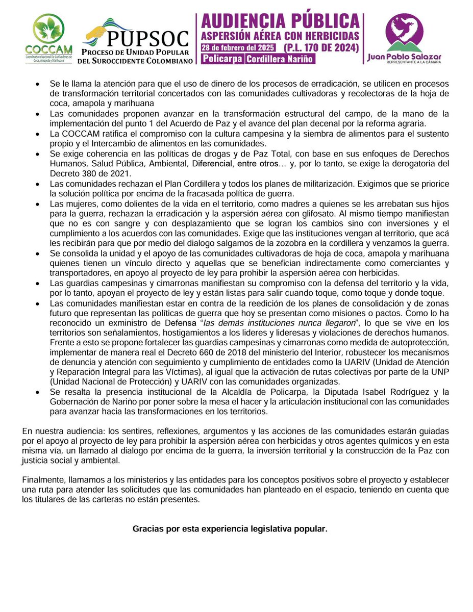 ❌#NoAlGlifosato || Compartimos las conclusiones de la Audiencia Pública contra la aspersión aérea con herbicidas,
 Pl 170 /2024.