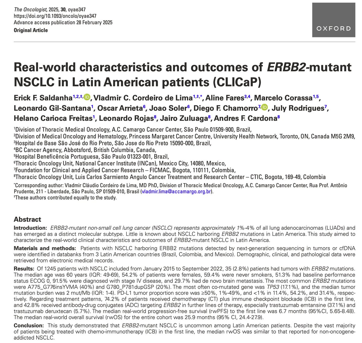 Erick Saldanha, MD (@esaldanhamd) on Twitter photo Proud to share this amazing collaborative effort reporting the largest cohort to date on LATAM patients with ERBB2-mutant NSCLC.
Thanks to this amazing team of authors!! <a href="/ClaudioVladmir/">Vladmir C. Cordeiro de Lima, MD, PhD</a> <a href="/MarceloCorassa/">Marcelo Corassa, MD.</a> <a href="/leogilsan/">Gil-Santana</a> <a href="/helanofreitas/">Helano Freitas</a> <a href="/AlineFaresMD/">Aline Fares</a> <a href="/AndresFCardonaZ/">Andres F. Cardona</a> <a href="/chamorrodf/">Diego F. Chamorro</a> Proud to share this amazing collaborative effort reporting the largest cohort to date on LATAM patients with ERBB2-mutant NSCLC.
Thanks to this amazing team of authors!! <a href="/ClaudioVladmir/">Vladmir C. Cordeiro de Lima, MD, PhD</a> <a href="/MarceloCorassa/">Marcelo Corassa, MD.</a> <a href="/leogilsan/">Gil-Santana</a> <a href="/helanofreitas/">Helano Freitas</a> <a href="/AlineFaresMD/">Aline Fares</a> <a href="/AndresFCardonaZ/">Andres F. Cardona</a> <a href="/chamorrodf/">Diego F. Chamorro</a>
