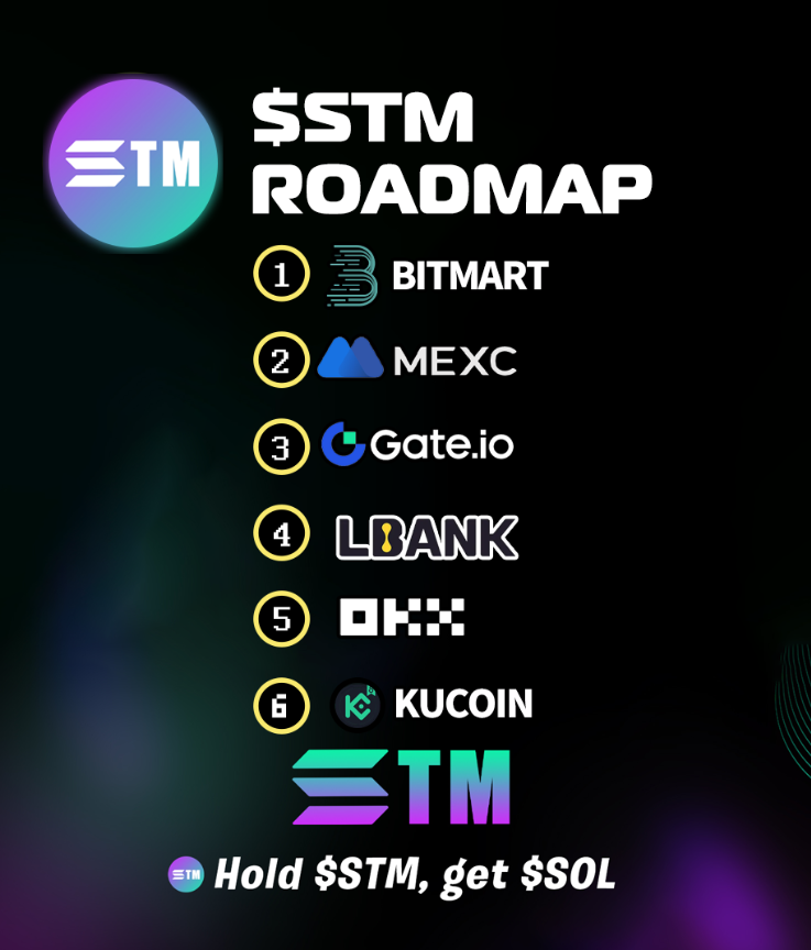 Hold $STM, get $SOL 
$STM ⚡ROADMAP
<a href="/BitMartExchange/">BitMart</a>
@MEXC_Official
<a href="/Gate_io/">Gate.io</a>
<a href="/LBank_Exchange/">LBank.com</a>
<a href="/okx/">OKX</a>
<a href="/kucoincom/">KuCoin</a>
⚡⚡⚡⚡⚡
t.me/SolanaSTM <a href="/solana/">Solana</a>
🎁🎁🎁🎁🎁🎁
LET'S PUSH TOWARDS 10 MILLION MCAP 💯💯💎💎💰💰

yPmHqPBoaKuE5cg6D6vYC3yMmtq6ZwJqdn9pRQnA7YG