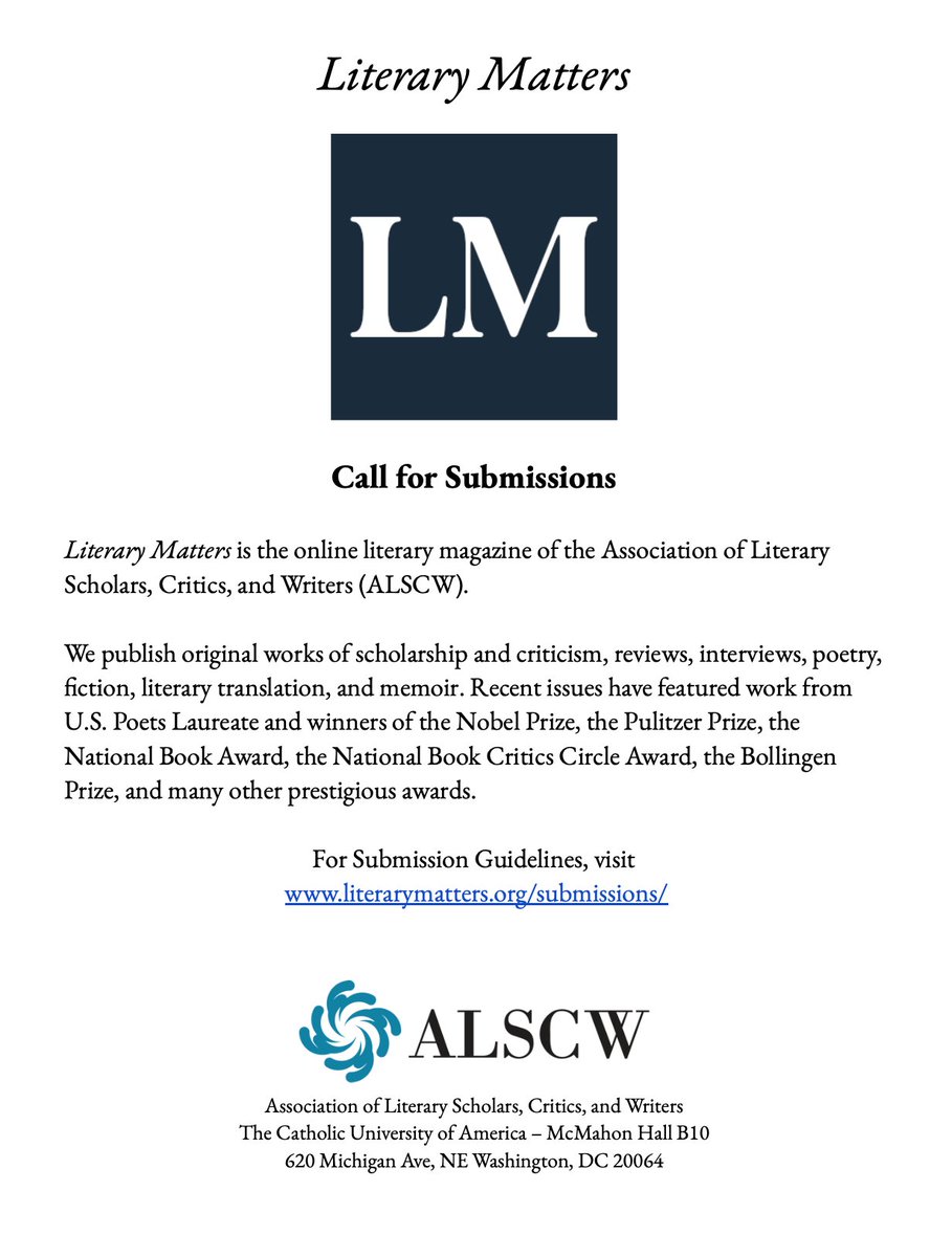 Send us your work! Submissions are open until May 1st. For guidelines, visit: literarymatters.org/submissions/