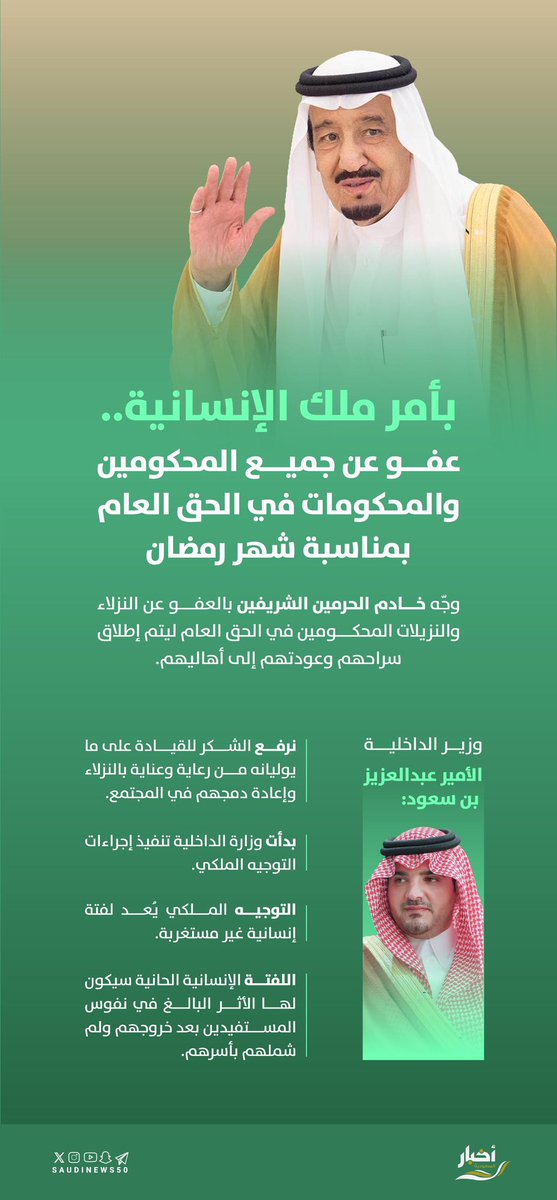 بأمر ملك الإنسانية..

عفو عن جميع المحكومين والمحكومات في الحق العام بمناسبة شهر رمضان.

-