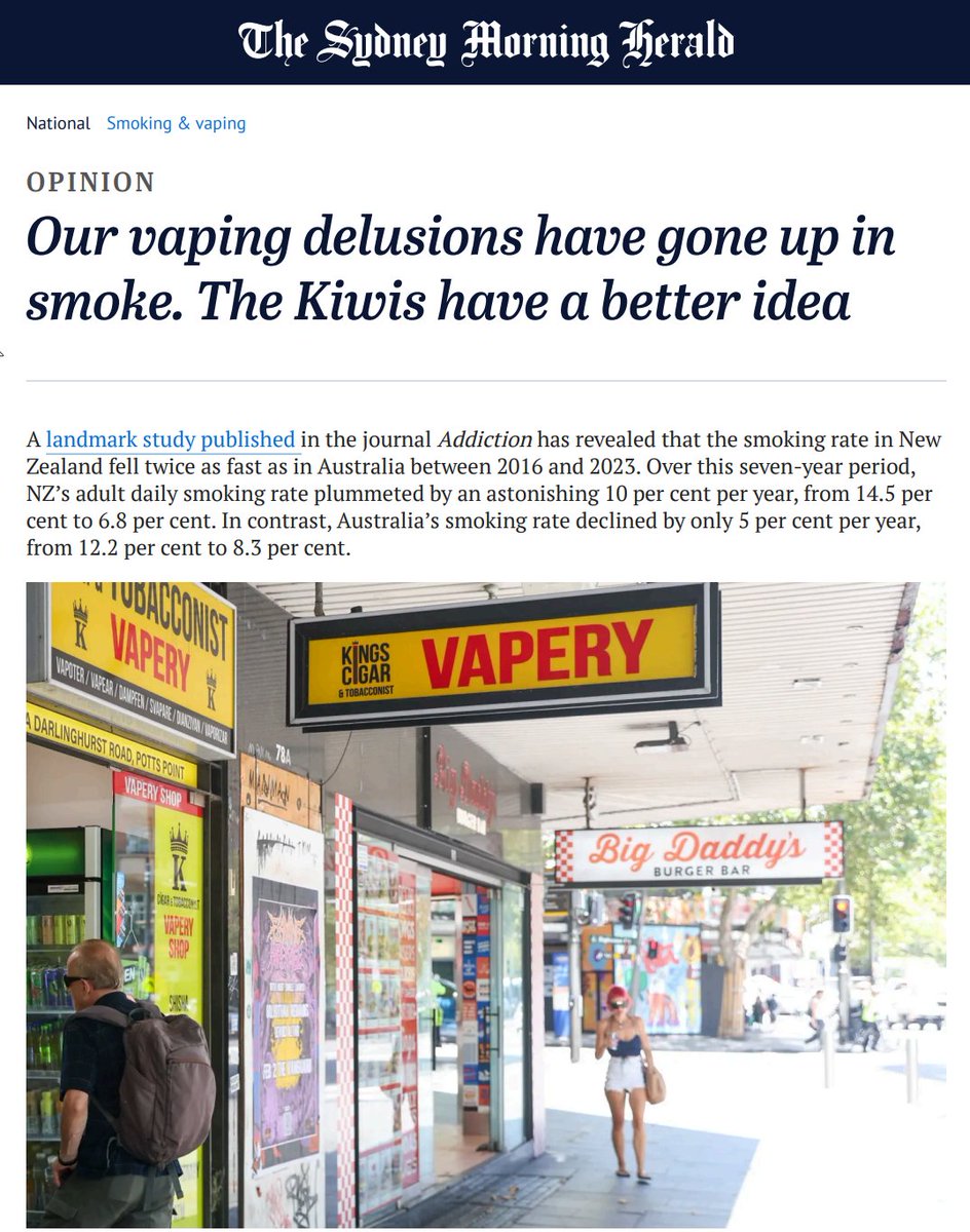 ColinMendelsohn's tweet image. "NZ now boasts a lower smoking rate than Australia for the first time. The key difference? They have embraced #vaping nicotine as a legitimate harm-reduction tool, while Australia has stuck to an outdated, prohibitionist model"
My OpEd in @smh
Access ➡️ colinmendelsohn.com.au/wp-content/upl……