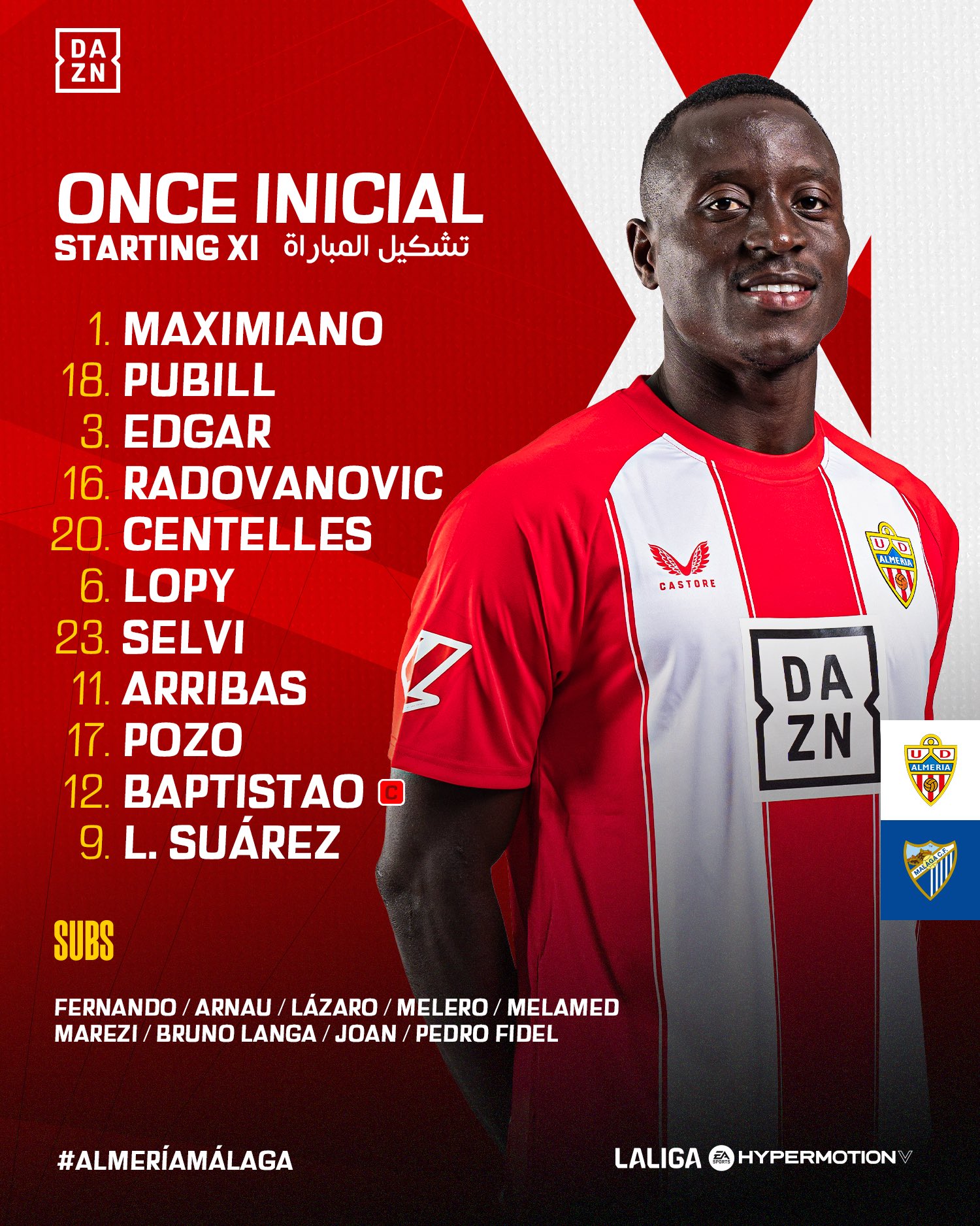 Alineación del Almería ante el Málaga.