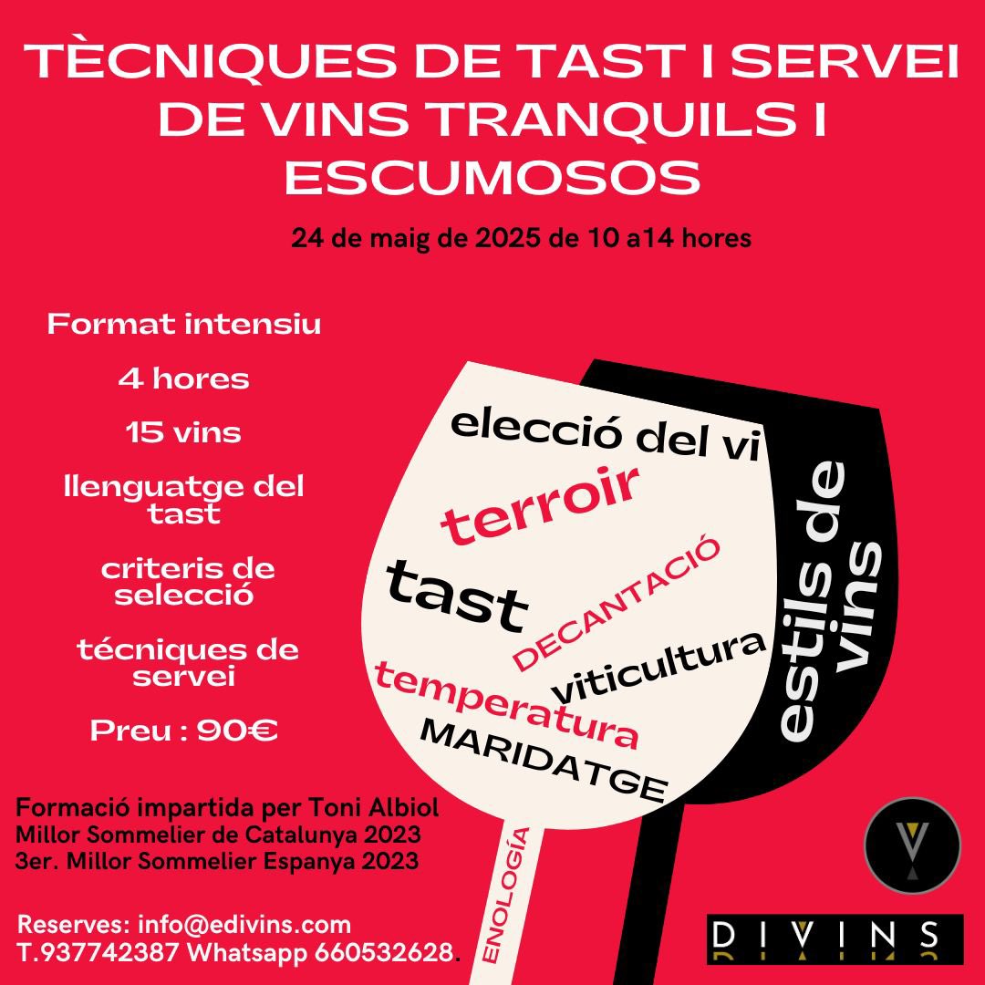 En #Divins #Martorell impartimos el curso ‘Técnicas de cata y servicio de vinos tranquilos y espumosos’ 
 5 horas de formación donde se aprende a catar y servir el vino en una sola mañana
Más de 1000 sesiones de experiencia.
Inscríbete al siguiente 24.05.25
#catas #winelovers