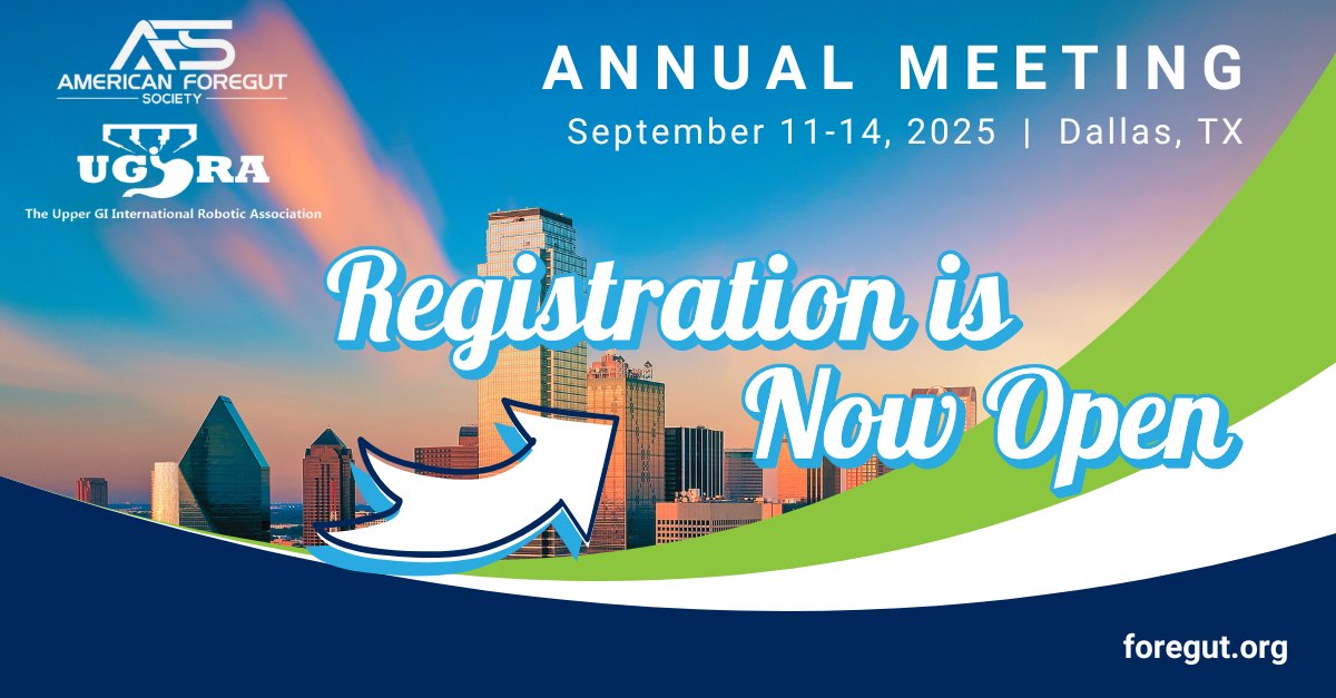 The American Foregut Society (@foregutsociety) on Twitter photo Registration for the 2025 Annual AFS Meeting is NOW OPEN! 🚨 Join us from September 11-14 in Dallas, TX for a collaborative event hosted by AFS in partnership with the Upper GI International Robotic Association. (UGIRA). 
Register HERE: americanforegutsociety.org/2025-annual-me… Registration for the 2025 Annual AFS Meeting is NOW OPEN! 🚨 Join us from September 11-14 in Dallas, TX for a collaborative event hosted by AFS in partnership with the Upper GI International Robotic Association. (UGIRA). 
Register HERE: americanforegutsociety.org/2025-annual-me…
