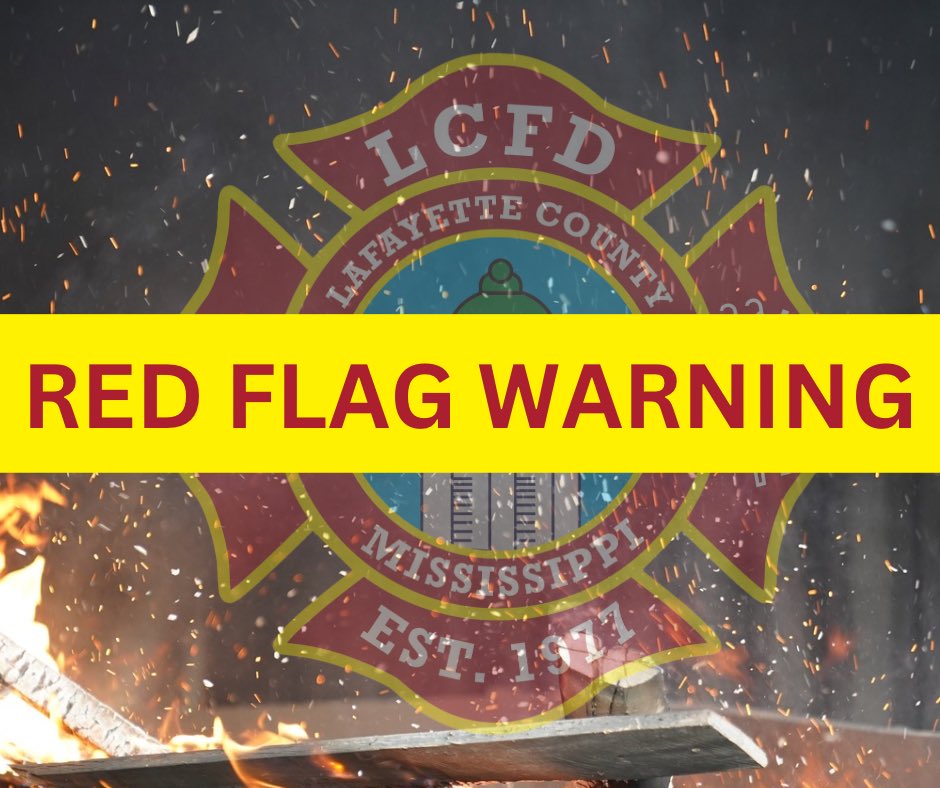 🚨 RED FLAG WARNING until 6 PM CST for Lafayette County &amp; North MS!

🔥 High fire danger!
🌬️ Winds: 10-15 mph, gusts up to 25 mph
💧 Humidity: As low as 20%

❌ Please refrain from outdoor burning! Fires will spread rapidly. Stay alert &amp; report any signs of fire.