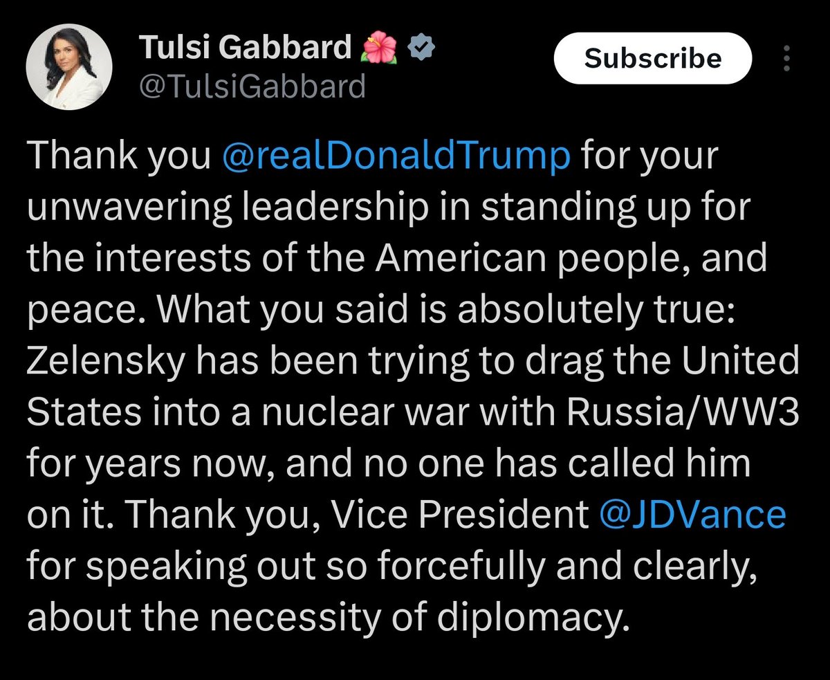 United States Director of National Intelligence <a href="/TulsiGabbard/">Tulsi Gabbard 🌺</a> 👇

#DonaldTrump #UnitedStates  #ukraine #russia <a href="/realDonaldTrump/">Donald J. Trump</a> <a href="/DonaldJTrumpJr/">Donald Trump Jr.</a> <a href="/VP/">Vice President JD Vance</a>