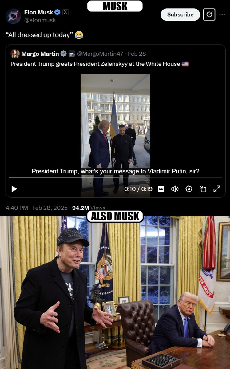 Ridiculing Zelensky for not wearing a suit? Musk should probably sit this one out.