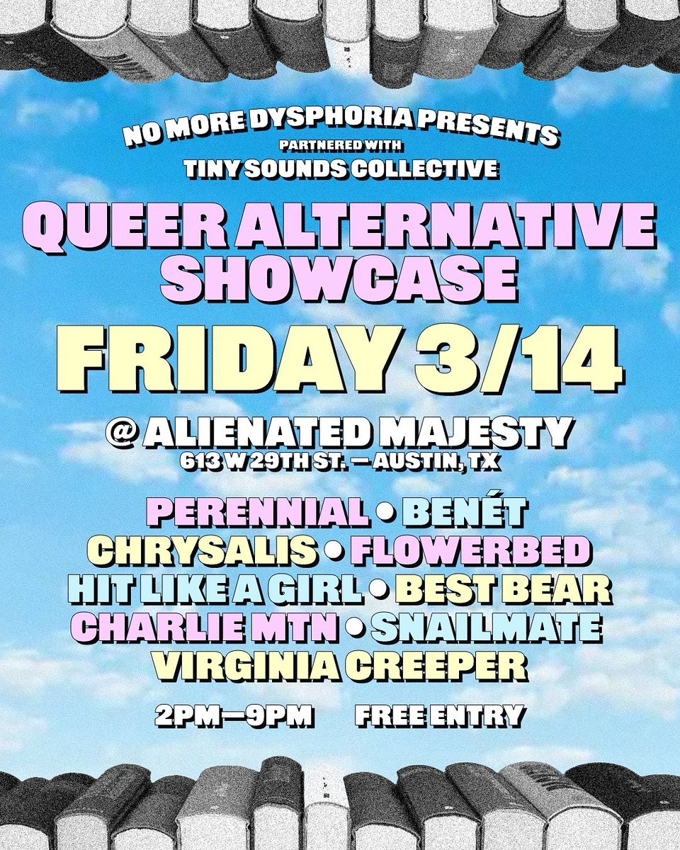 Tiny Sounds Cltv (@tinysoundscltv) on Twitter photo we got some sick non-official SXSW stuff lined up.
first up our Smash By Smash West showcase at Arnold House. 10 bands from around the globe (and a few homies).
We’re also partnering with <a href="/nomoredysphoria/">nomoredysphoria</a> to bring y’all a Queer Alternative Showcase at Alienated Majesty! we got some sick non-official SXSW stuff lined up.
first up our Smash By Smash West showcase at Arnold House. 10 bands from around the globe (and a few homies).
We’re also partnering with <a href="/nomoredysphoria/">nomoredysphoria</a> to bring y’all a Queer Alternative Showcase at Alienated Majesty!