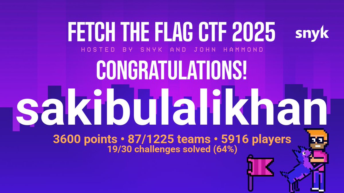 sakibulalikhan's tweet image. My team, @hi_ctf (Hidden Investigations), is proud stand at 87th position worldwide out of 1225 teams, having solved 64% of challenges in the #Snyk_Fetch_the_Flag_2025_CTF!
Thanks @SnykSec @_JohnHammond @HuskyHacksMK @kkevsterrr and all others involved!
#FetchTheFlag #ctfbd